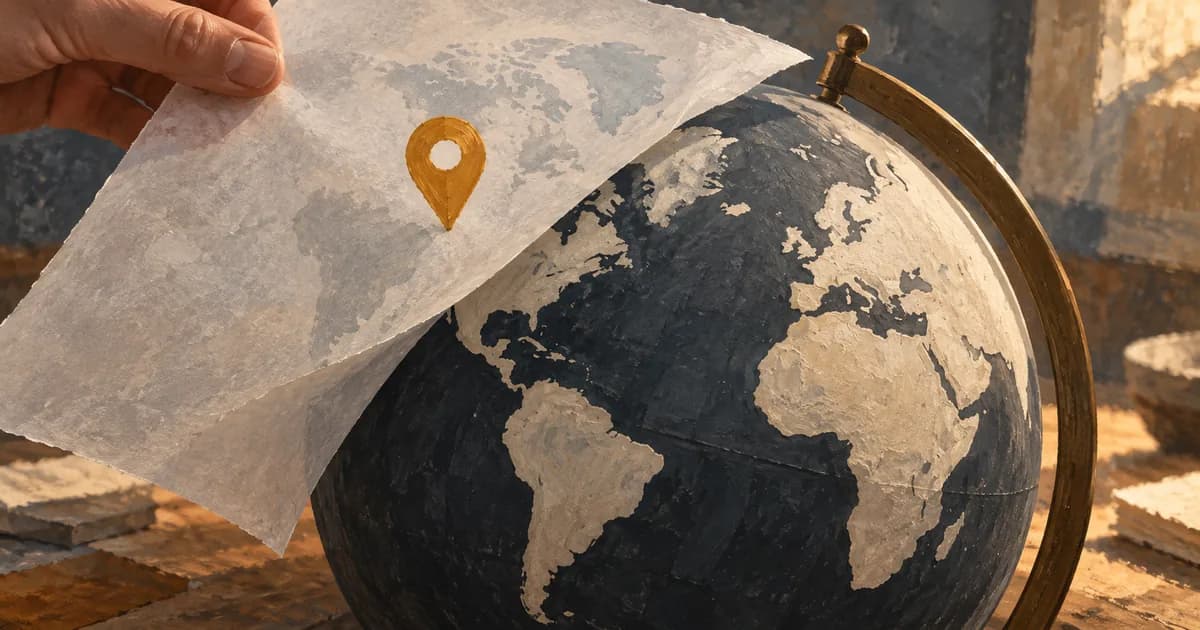 A small dark globe seen through a translucent sheet with a loose amber location marker.