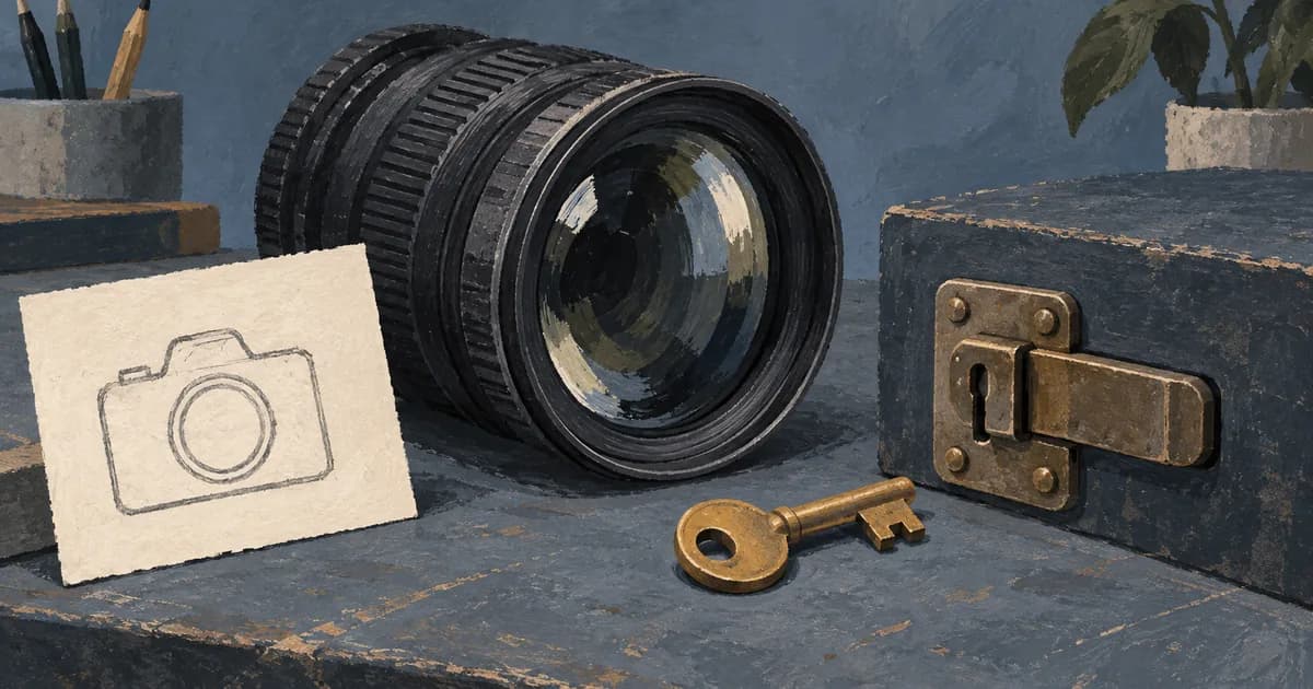A camera lens and a paper request sit beside a closed amber latch and an unused key.