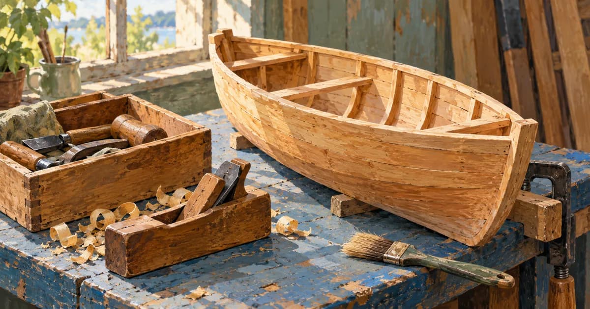 An open wooden toolbox, plane, clamp and brush beside one unfinished wooden boat.