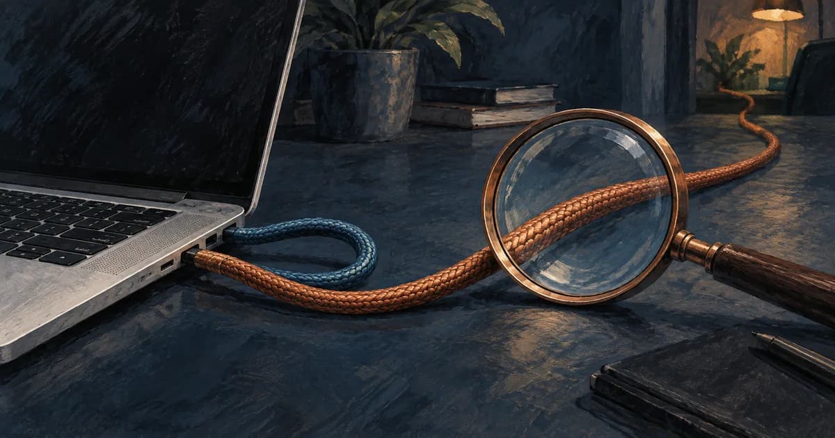 A silver laptop and two woven cords, one looping back and one passing beneath a copper magnifying glass.