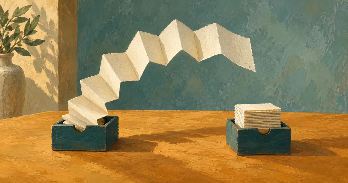 An extended folded paper strip and a compact paper stack in two teal boxes.