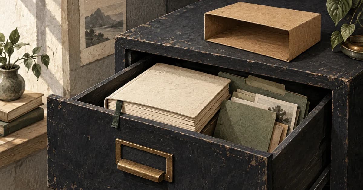 An open charcoal filing drawer holds a notebook and folders beneath an empty kraft sleeve.