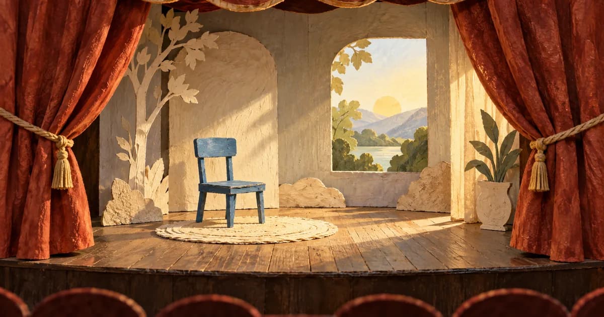 A theater curtain opens to reveal the same small stage set left in place overnight.