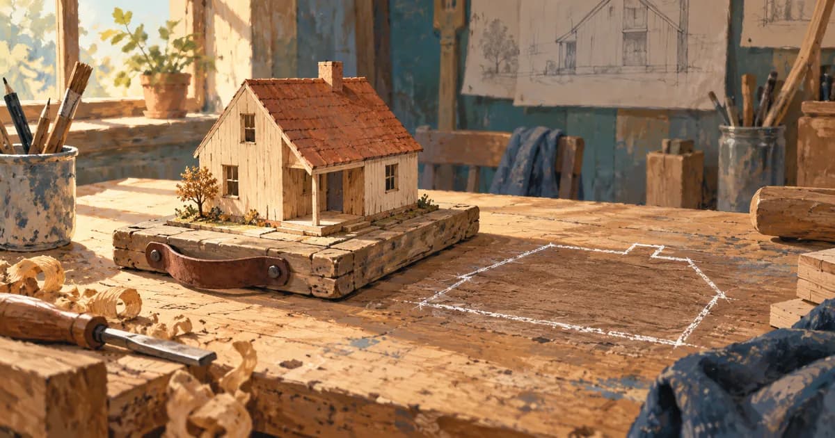 A wooden model house rests on a portable board beside an empty chalk outline on an architect's bench.