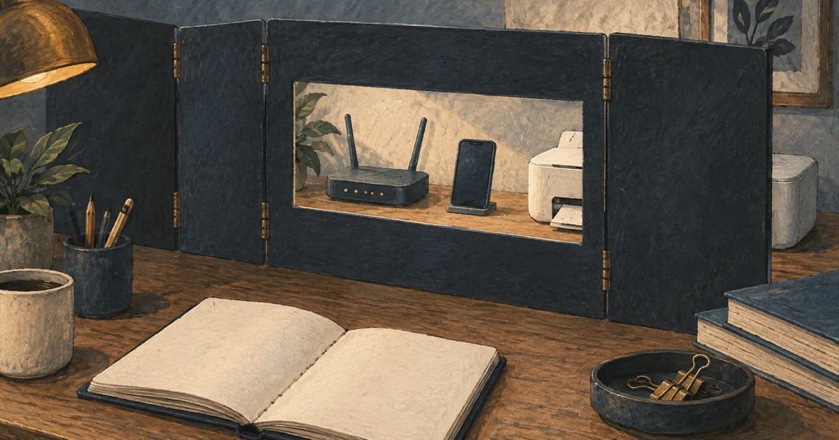 A slate divider reveals a router and phone through an opening while partly hiding a printer.
