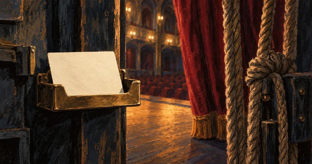 A theater cue card sits in a brass tray beside the separate ropes that move the stage curtain.