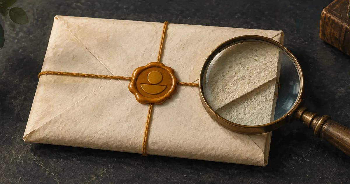 A wax-sealed paper parcel beside a magnifying glass on a dark tabletop.