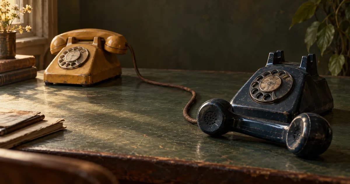 Two connected vintage telephones, one handset on its cradle and the other still off the hook.