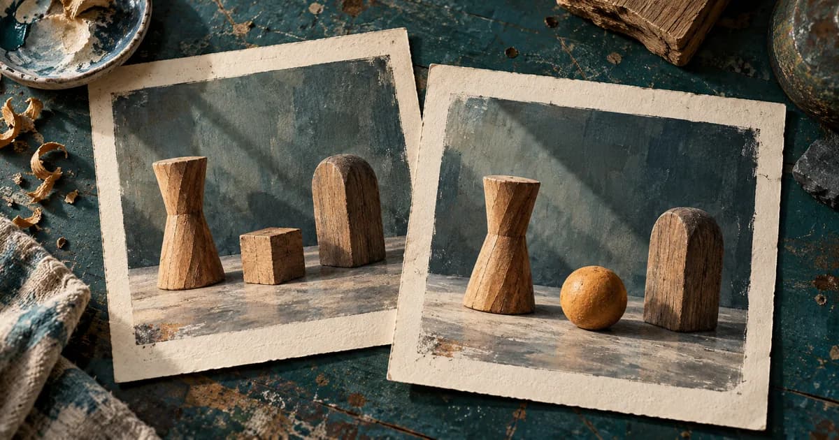 Two overlapping paper prints show the same small arrangement with one changed object.