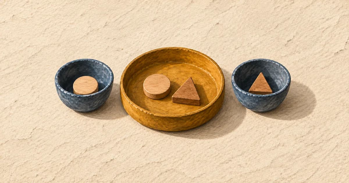 Two separate blue bowls flank a shared ochre tray of wooden shapes.