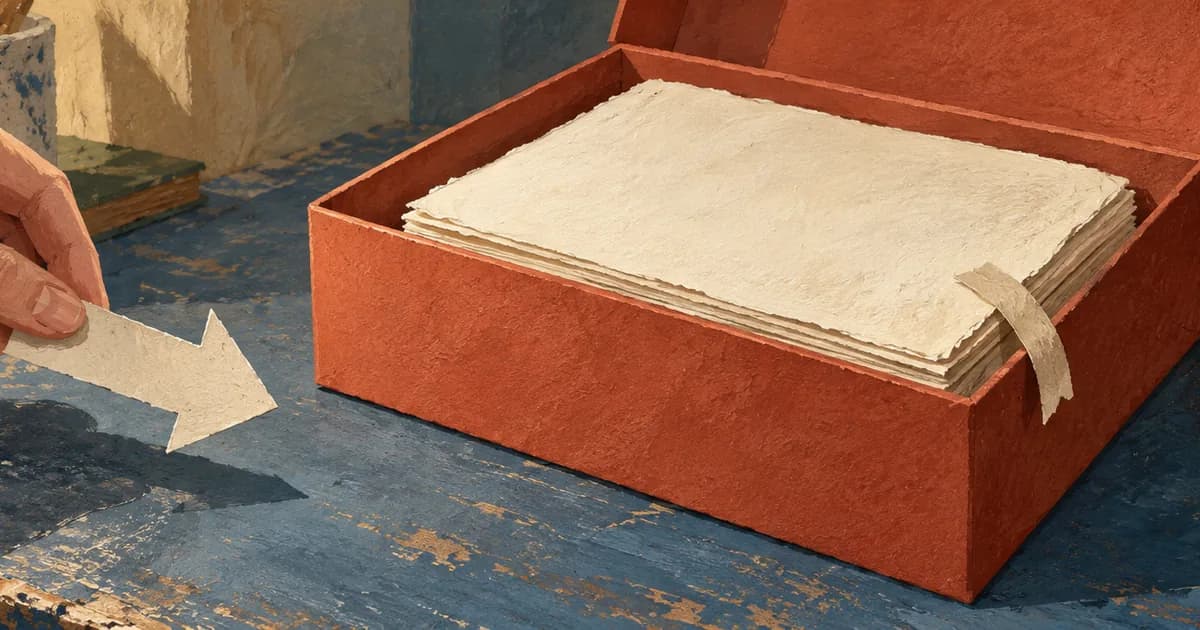 A hand lifts a paper arrow away from an archival box whose manuscript stays inside.