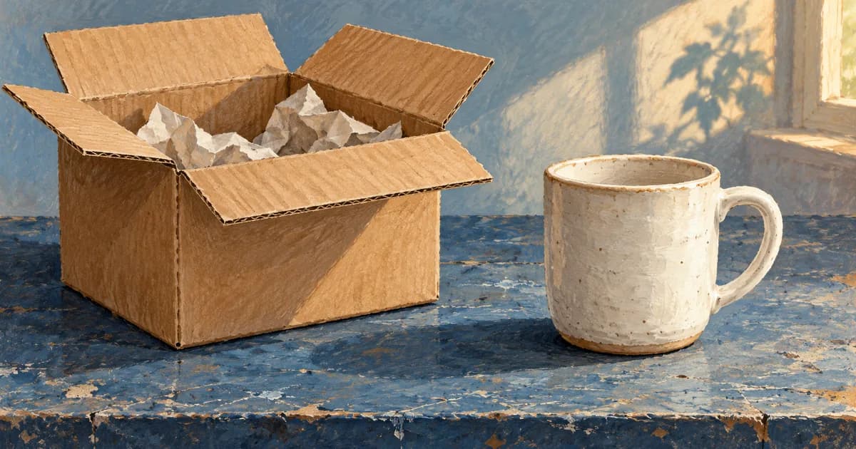 A ceramic cup stands outside its open cardboard shipping box on a textured blue workbench.