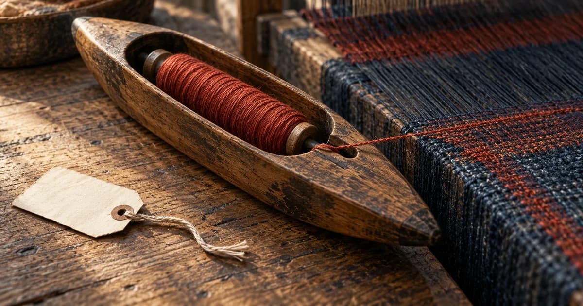 A wooden weaving shuttle still feeds red thread into cloth beside a detached blank paper tag.