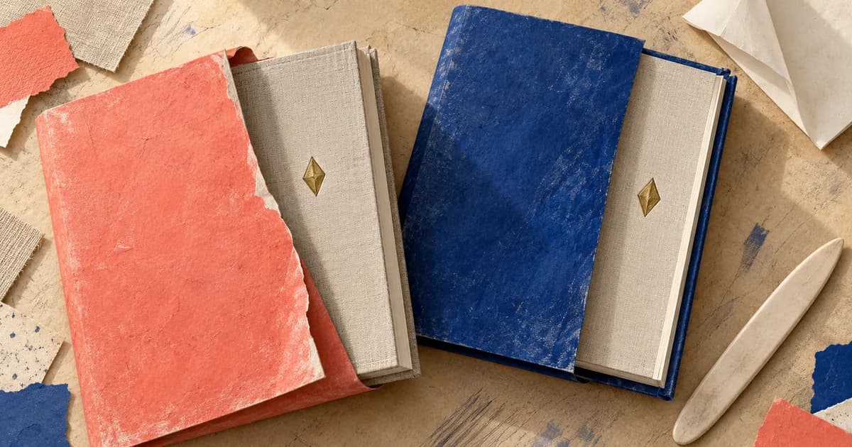 Two books with coral and blue jackets reveal matching brass diamond symbols on their cloth covers.
