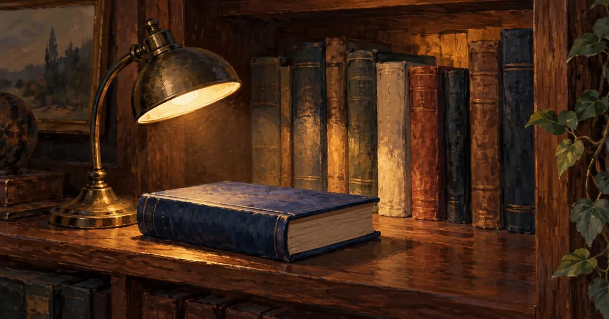 A desk lamp illuminates one blue book in front of a warmly lit bookshelf.