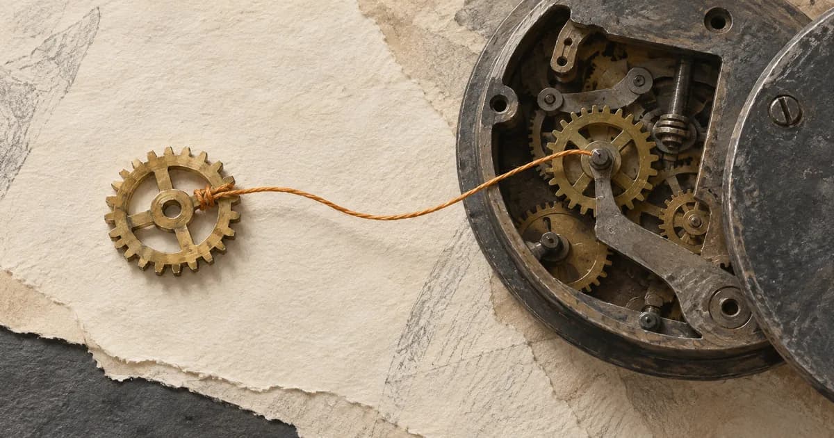 A brass gear connected by an amber thread to its matching open charcoal mechanism.