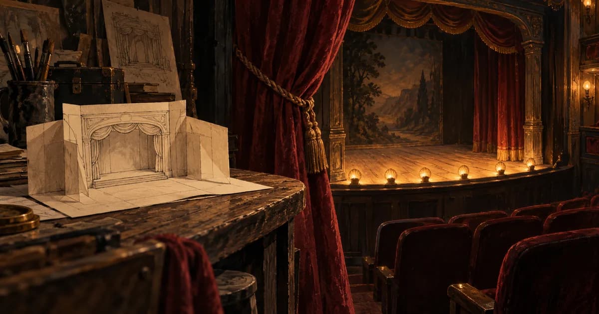 A paper model of a theater beside a lit miniature stage with red curtains.