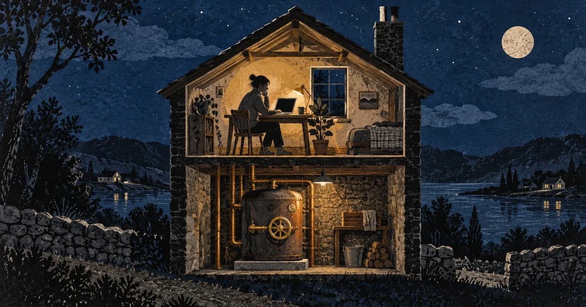 Cutaway house with a person using a laptop upstairs and a shared heating boiler downstairs.