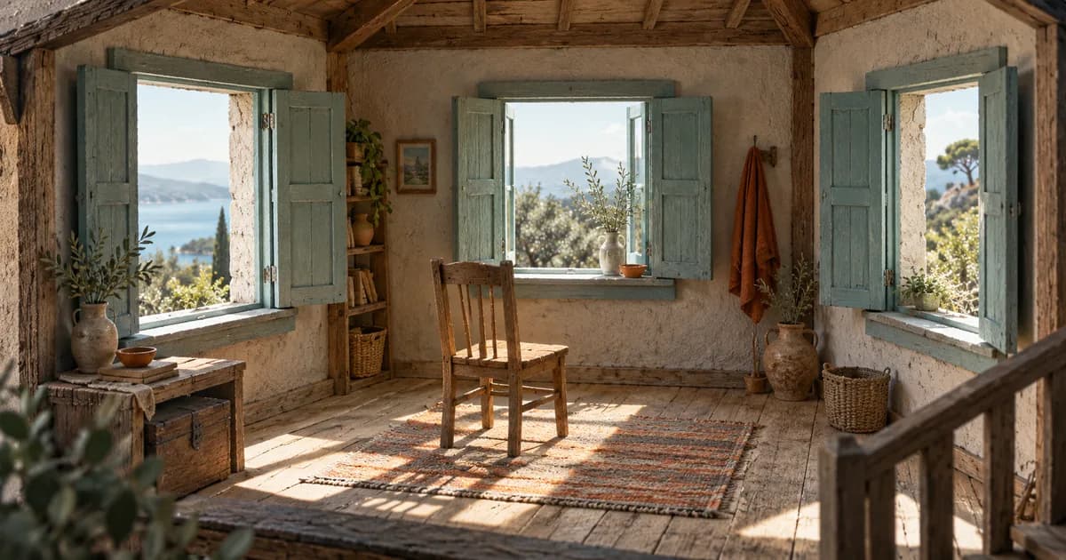 An empty wooden chair in a quiet room with three open teal-shuttered windows.
