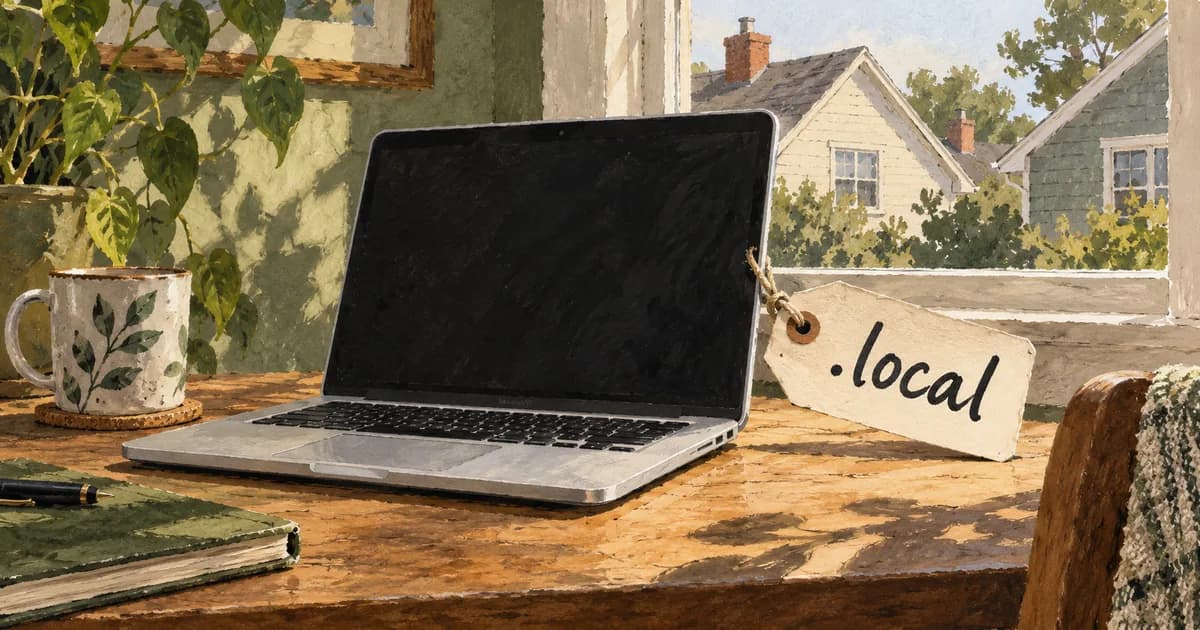 Painted laptop with a .local name tag beside a window overlooking nearby houses.