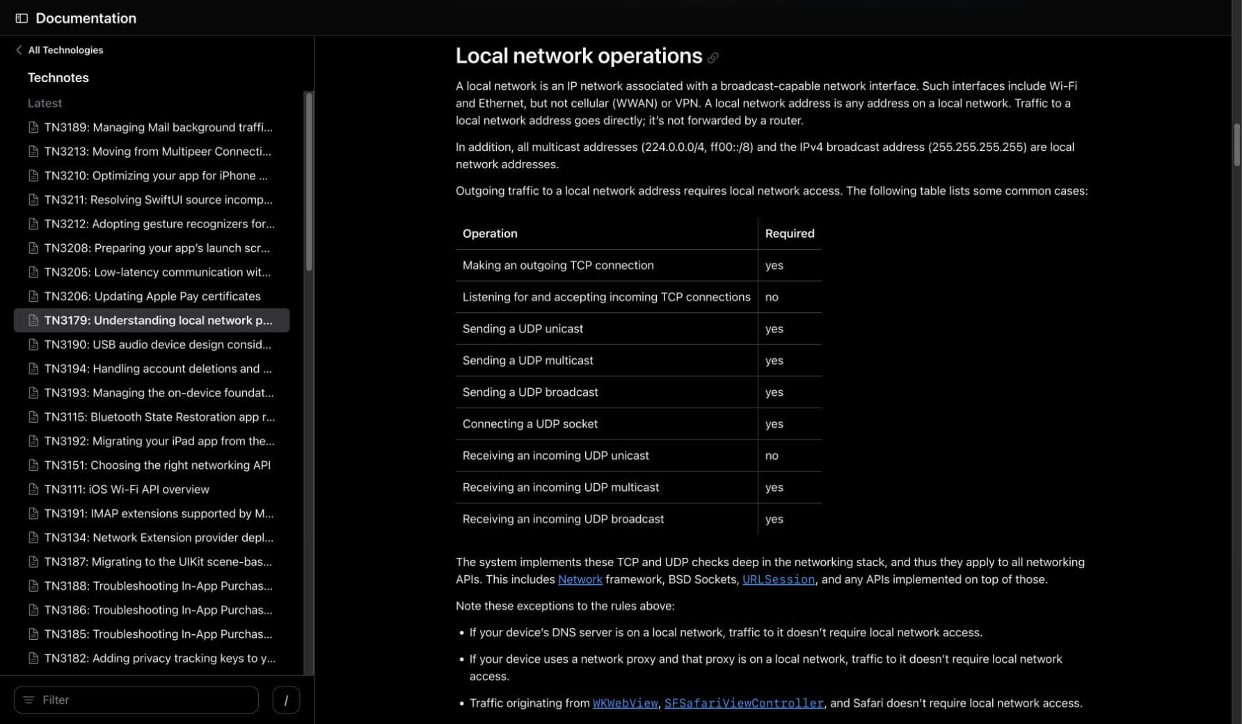 Apple TN3179 lists local network operations and whether local-network access is required.