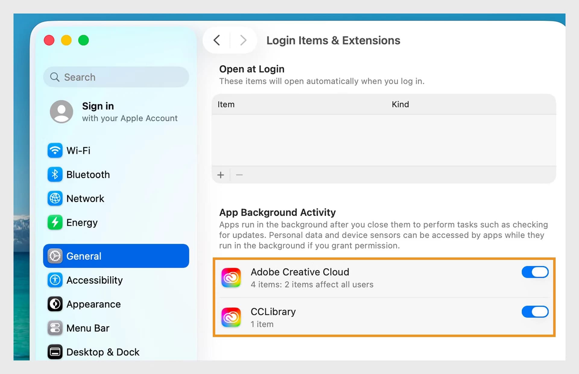 Adobe's official screenshot shows an empty Open at Login list and separate enabled background entries for Creative Cloud and CCLibrary.