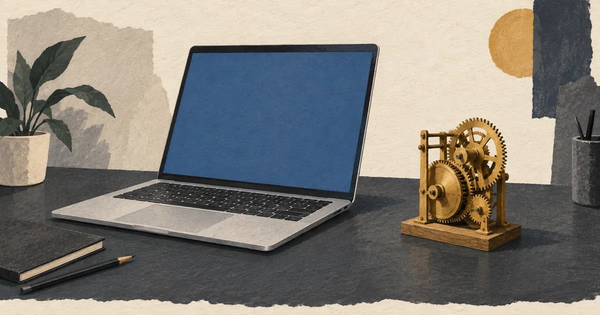 A blue laptop beside separate amber clockwork on textured dark paper.