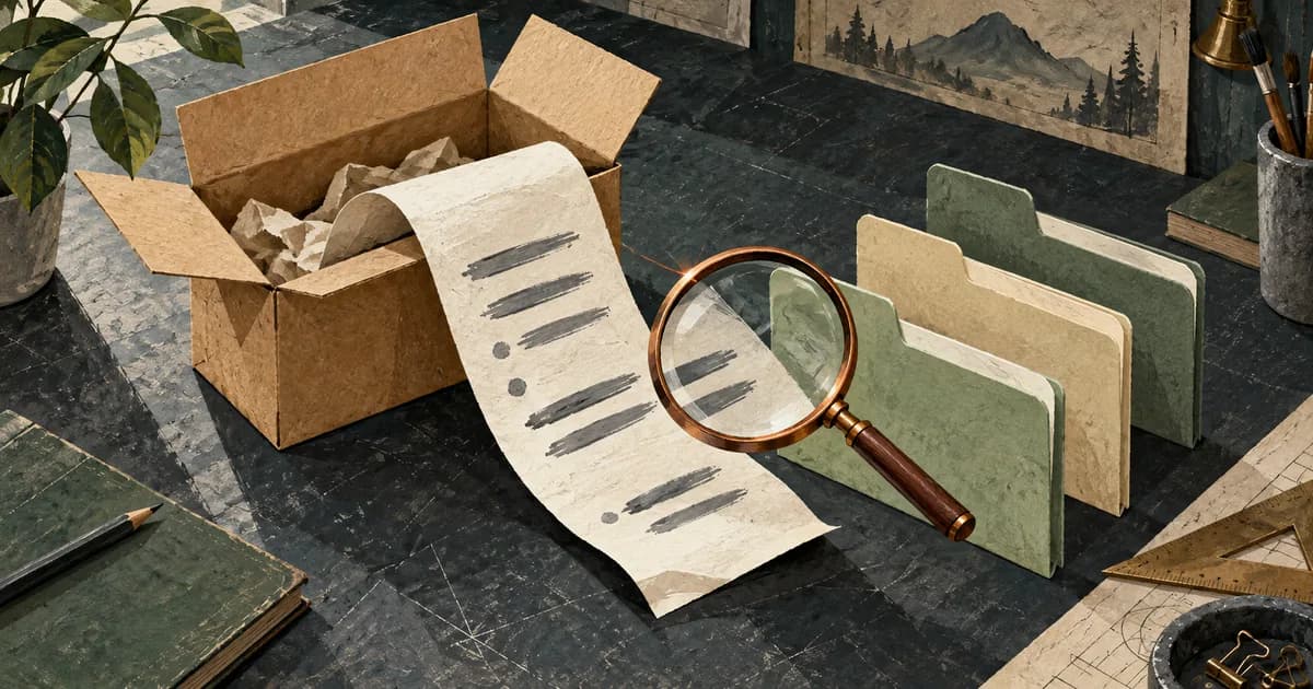 An opened software parcel, a paper receipt, file folders and a magnifying glass on a slate workbench.