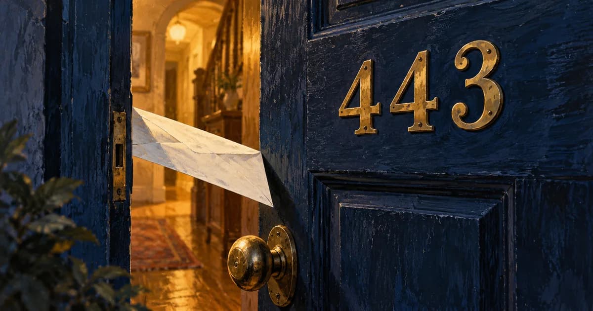 An open dark doorway numbered 443 with a paper envelope passing through.