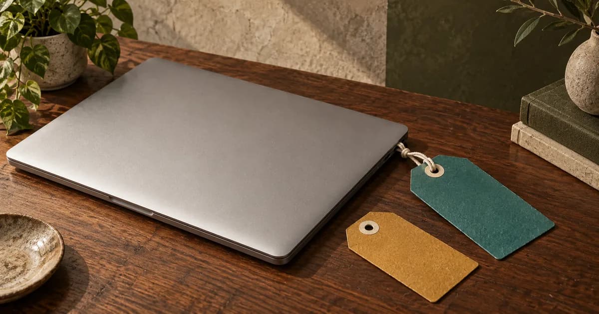 A closed silver laptop with a teal removable tag and a second ochre tag on a desk.