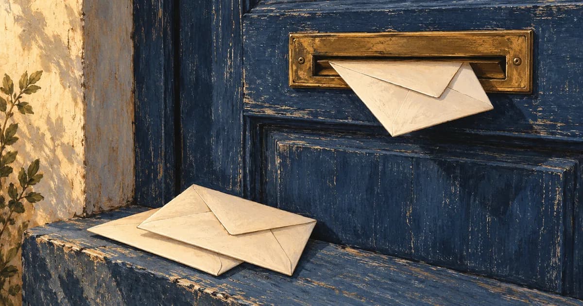 A folded paper envelope poised above a brass mail slot, with several loose envelopes nearby.