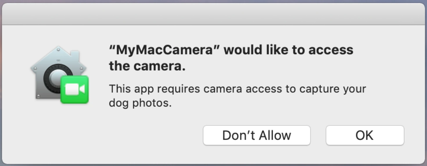 Apple's example camera authorization dialog shows a requesting app, its stated reason, and separate Don't Allow and OK buttons.