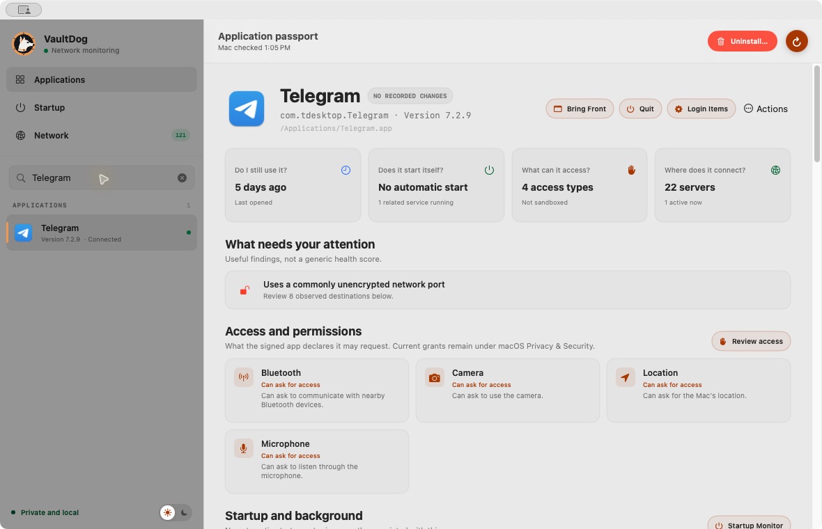 VaultDog showing the Telegram application passport, summary cards, and declared camera and microphone requests.